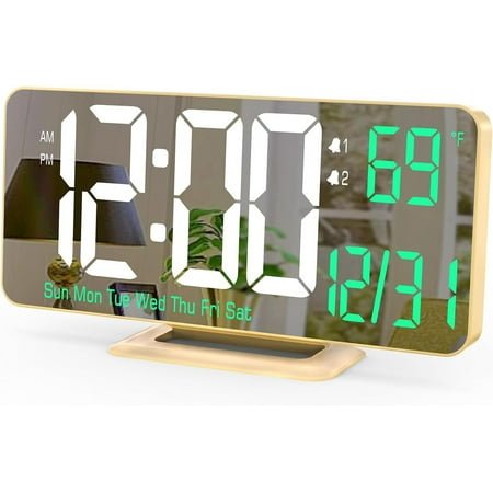 Dual Alarm Clock Gold Desk Clock with Dimming, Seconds, Date, Day of Week, Temp, Digital LED Clock for Bedroom, Digital Calendar Clocks for Living Room Gold Desk Accessories