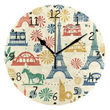 Eiffel Tower Fireworks Round Wall Clock Silent Analog Battery Operated Black Pointer Home Decor 9.84 Diameter