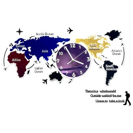 ELAYARD Non Ticking Silent Wall Clock World Map Acrylic Timekeeping Home Owners Living Room 1 Set
