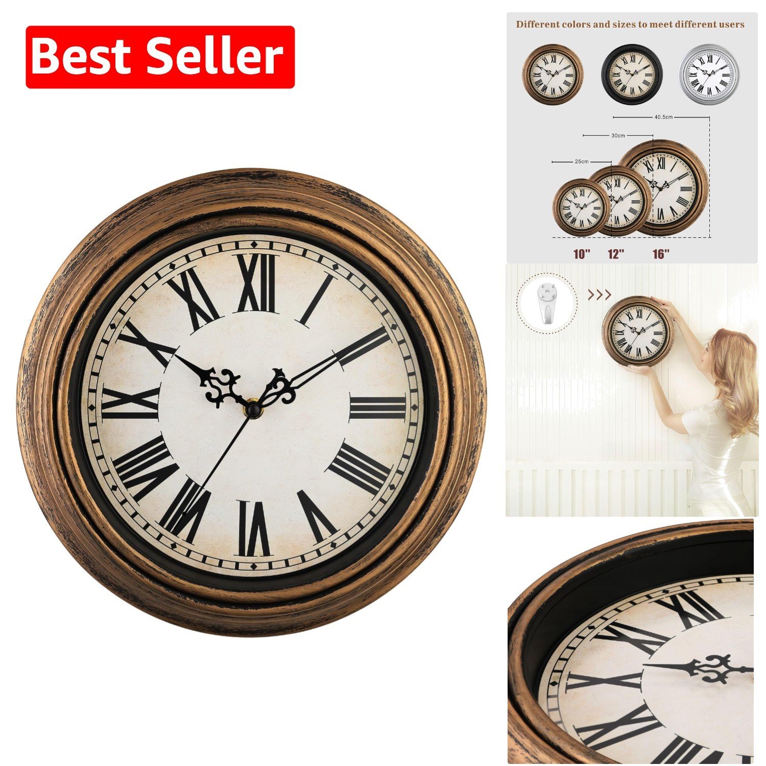 Elegant 12'' Retro Wall Clock - Silent Vintage Design with Roman Numerals