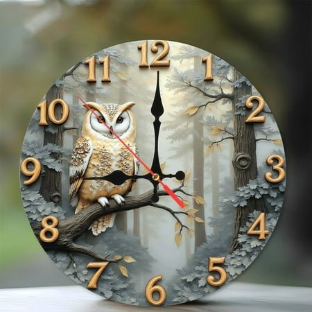 Elegant Owl Wall Clock in Rustic Forest Design 10-Inch Silent Wooden Wall Clock, Battery Operated (AA Batteries Not Included), Artistic Home Decor