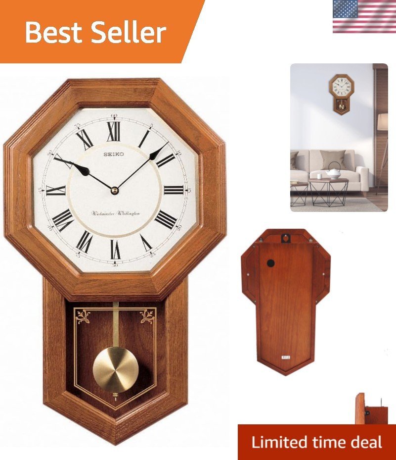 Elegant Seiko Wall Clock in Light Oak with Automatic Chime & Roman Numerals