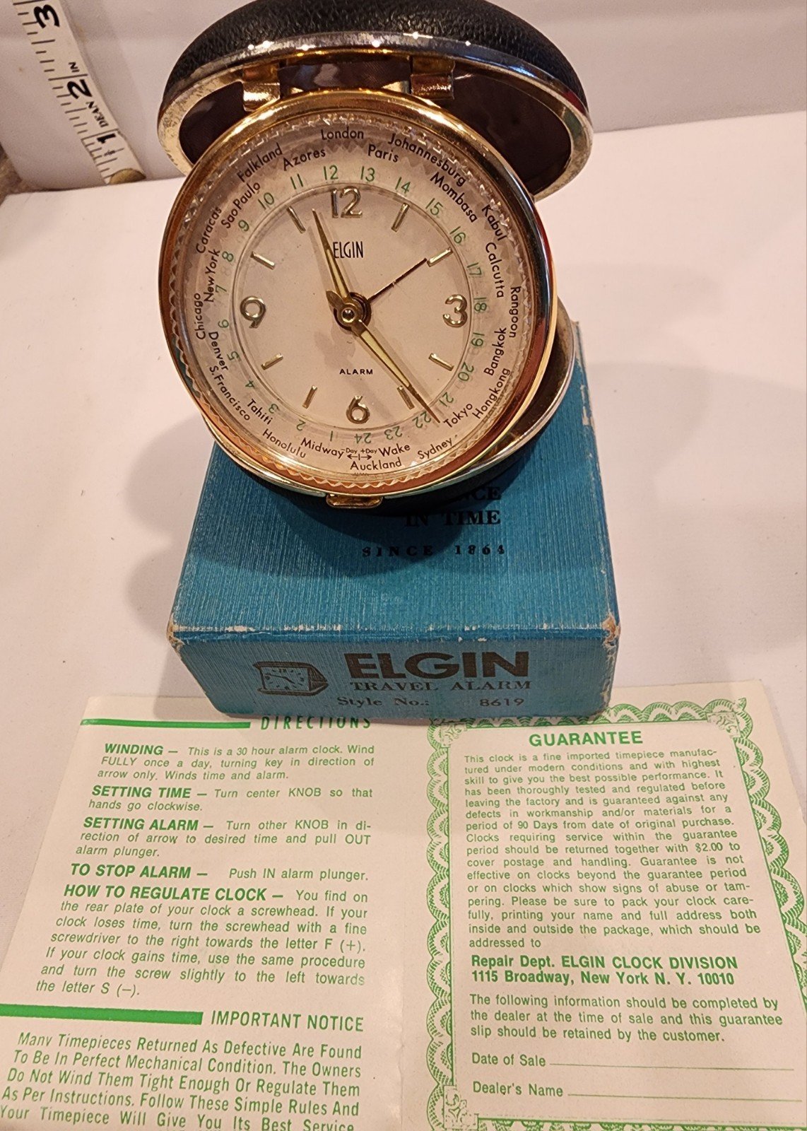 Elgin World Time Travel Alarm Clock Works Vintage w/box and instructions