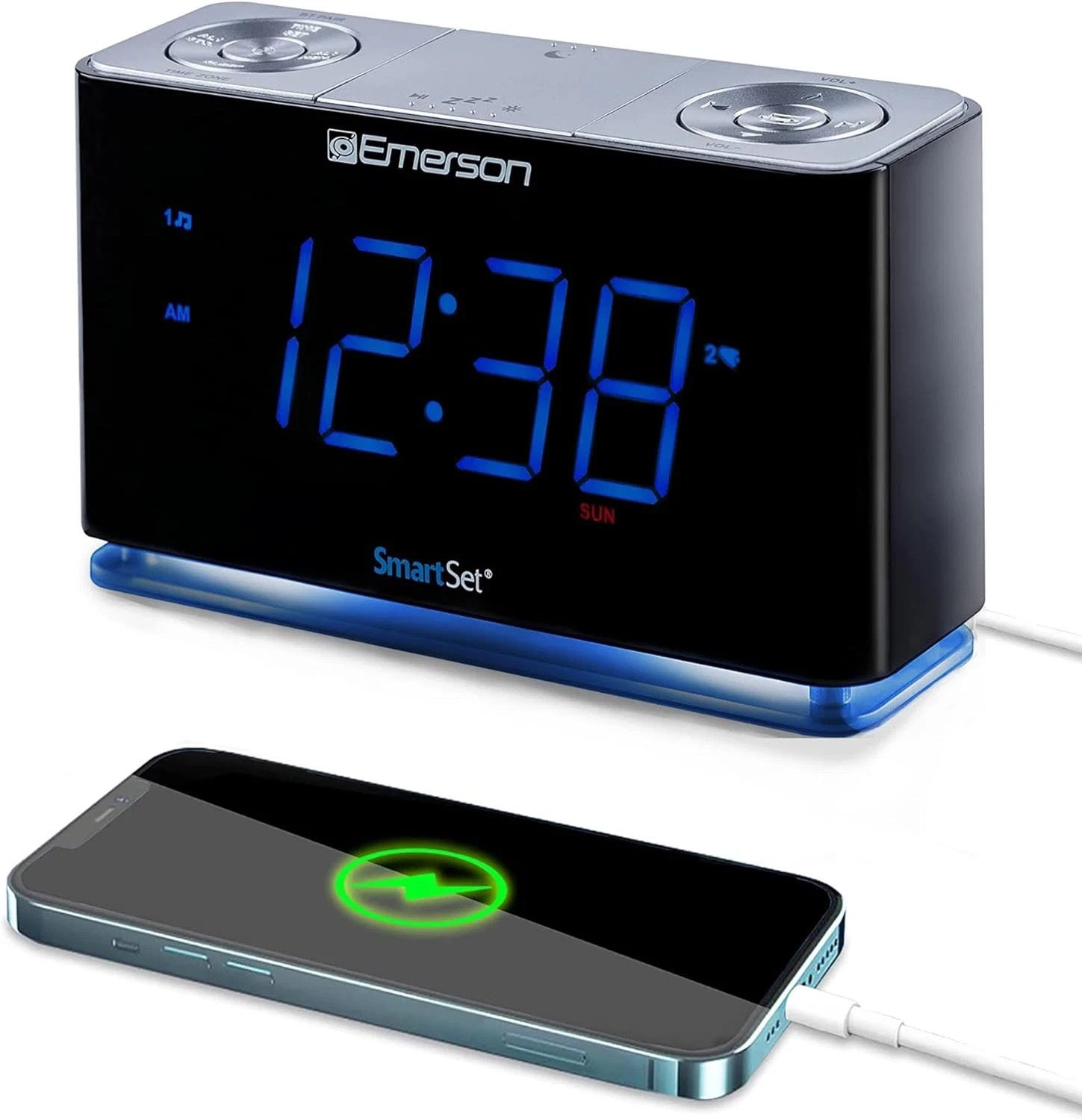 Emerson CKS1507 Smartset Radio Alarm Clock, 1.4" Blue LED Digital Display