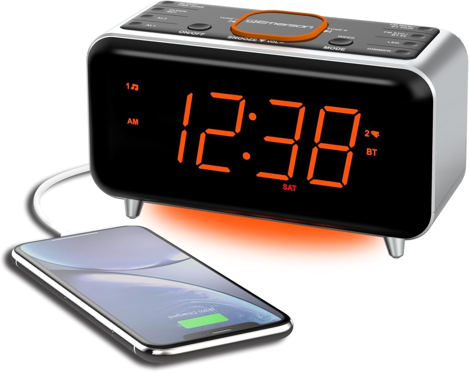 Emerson SmartSet Bluetooth Dual Alarm Clock Radio w/ 1.4” Orange LED USB Charger