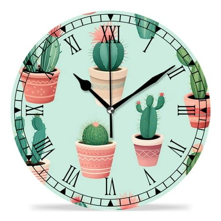 erolrail Rustic Wall Clock,Silent Non Ticking Wall Clocks for Living Room,Bedroom,Kitchen 12IN Cactus Plant Green Color Exquisite