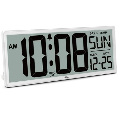 Extra Large Digital Wall Clock 14.5 Inches with Big Clear Numbers Temperature Date Auto Daylight Saving Time Battery Operated Wall Mount or Desk Use White