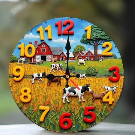 Farm Animals Wall Clock Rustic Farmhouse Decor 10-Inch Silent Wooden Wall Clock, Battery Operated (AA Batteries Not Included), Artistic Home Decor