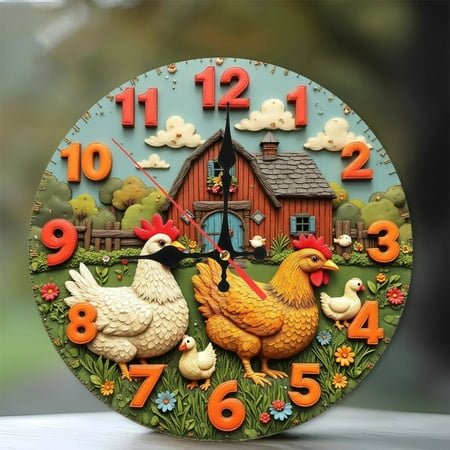 Farmhouse Hen Clock Wall Decor Rustic Chic Country Kitchen 10-Inch Silent Wooden Wall Clock, Battery Operated (AA Batteries Not Included), Artistic Home Decor