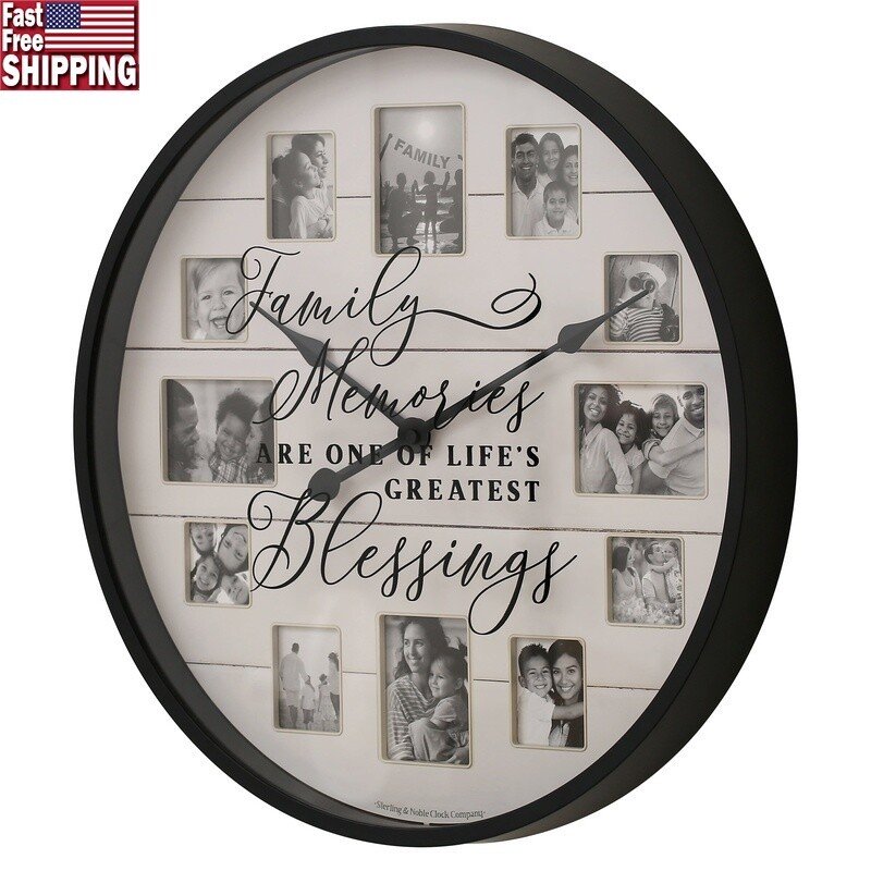 Farmhouse Photo Frame Wall Clock W/ Sentiment 12 Memory Display 20 Inch New