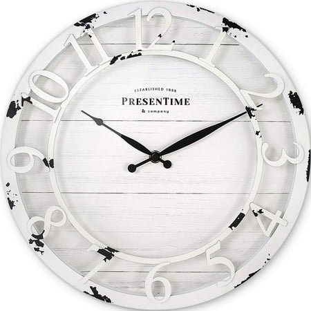 Farmhouse Style 13 Inch Wall Clock, Shiplap Face with Large 3D Arabic Numerals, Distressed White Frame, Battery Operated Quartz Movement