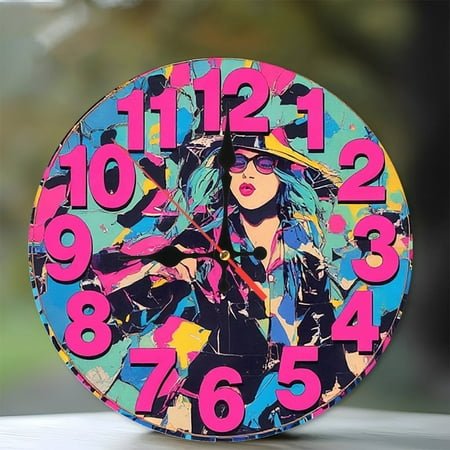 Fashion Girl Pop Art Wall Clock 10-Inch Silent Wooden Wall Clock, Battery Operated (AA Batteries Not Included), Artistic Home Decor