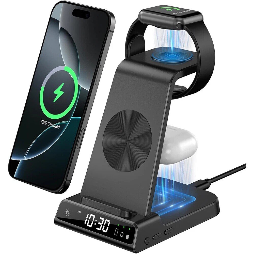 Fast Wireless Charger Stand w/ Clock, 3 in 1 Charging Station For iPhone iWatch