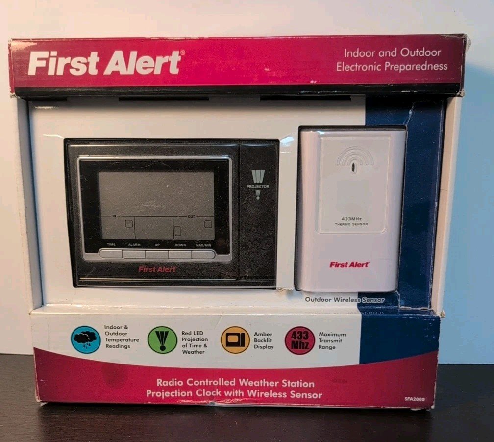 First Alert Radio Controlled Weather Station Projection Clock w/ Wireless Sensor