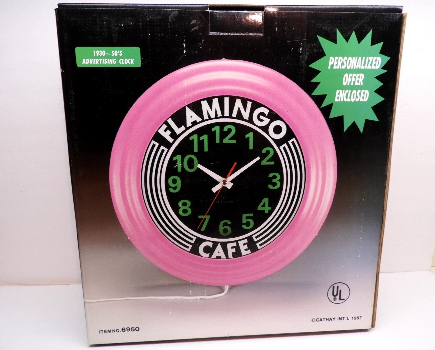 FLAMINGO CAFE PINK NEON LIGHTED BATTERY CLOCK CATHAY 1987 - BRAND NEW