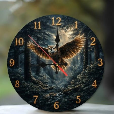 Forest Owl Wall Clock Vintage Home Decor 10-Inch Silent Wooden Wall Clock, Battery Operated (AA Batteries Not Included), Artistic Home Decor