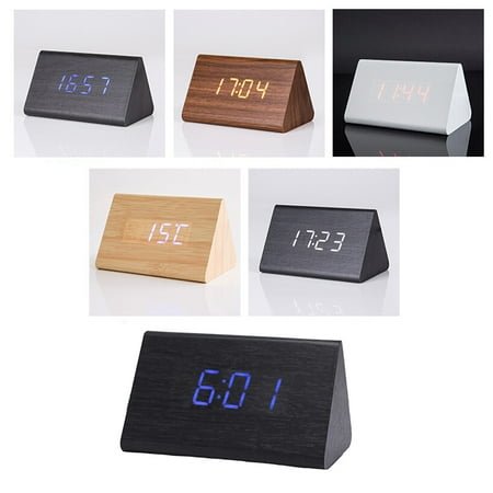 FRCOLOR Modern Triangle LED Wooden Alarm Clock Classical Digital Sound Control Desk Clock Thermometer (Black Wood and Blue Light)