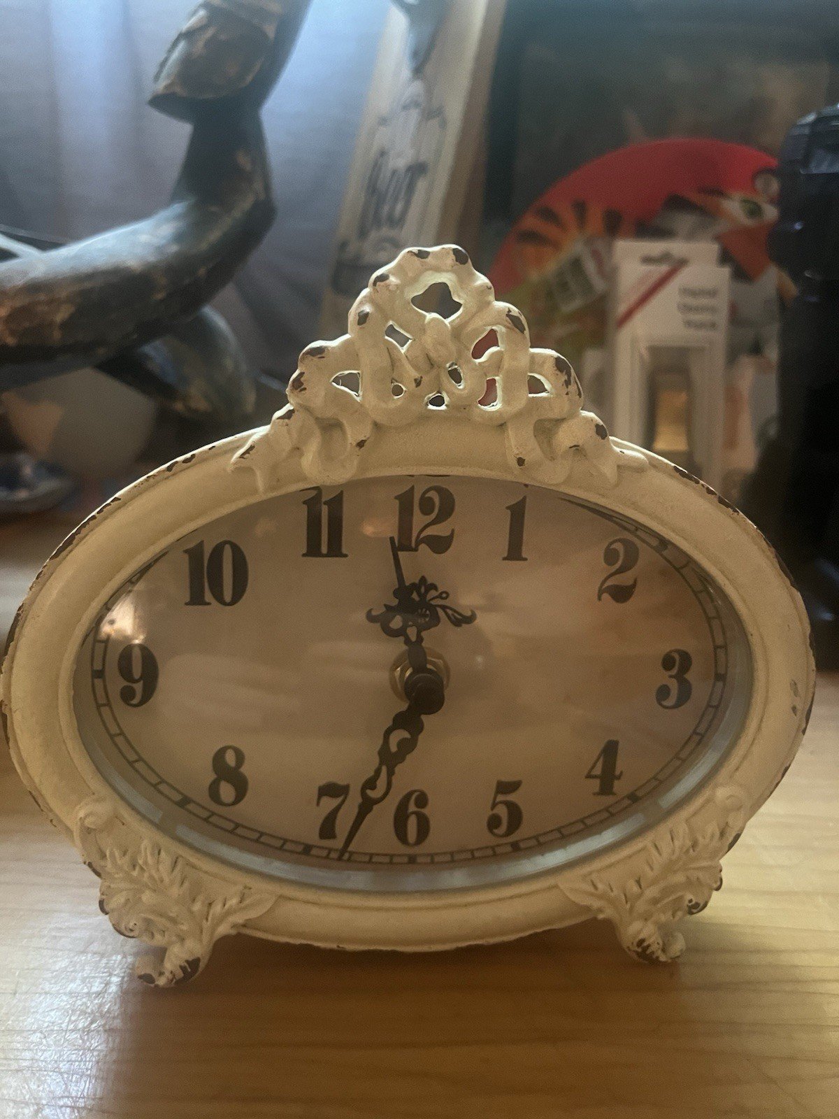 French Country Shabby Chic White Pewter Table Clock Decor 7 In Tall Works Perfec