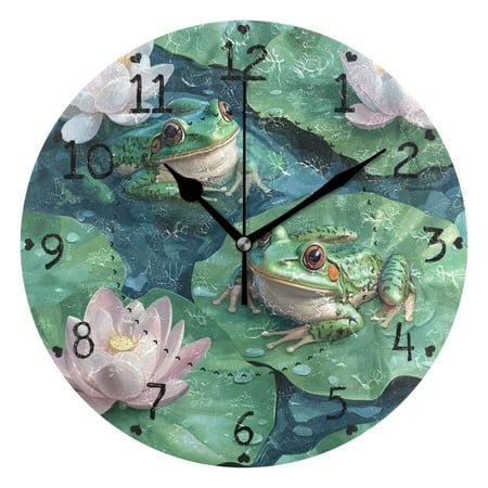 Frogs on Leaves in Pond Flowers Round Wall Clock Silent Analog Battery Operated Black Pointer Home Decor 9.84 Diameter