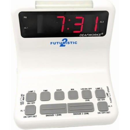 Futuristic 2 Silent Alarm Clock with Bright Flashing LED Lights for Deaf, Hard of Hearing, Heavy Sleepers | Dual Alarms, Built-in USB Chargers | Wake Up Gently (White)