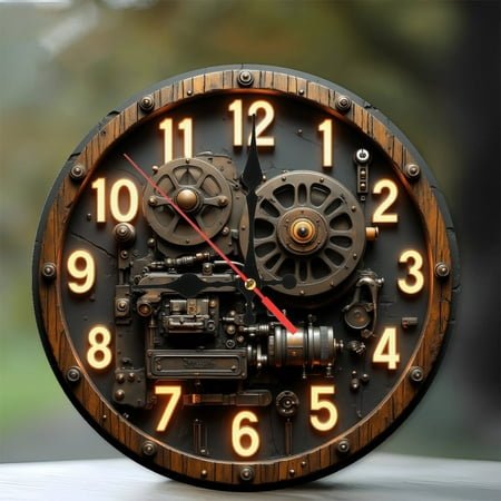 Gearpunk Gear Clock Wall Decor， Vintage Bronze Metal， Illuminated Numbers 10-Inch Silent Wooden Wall Clock, Battery Operated (AA Batteries Not Included), Artistic Home Decor