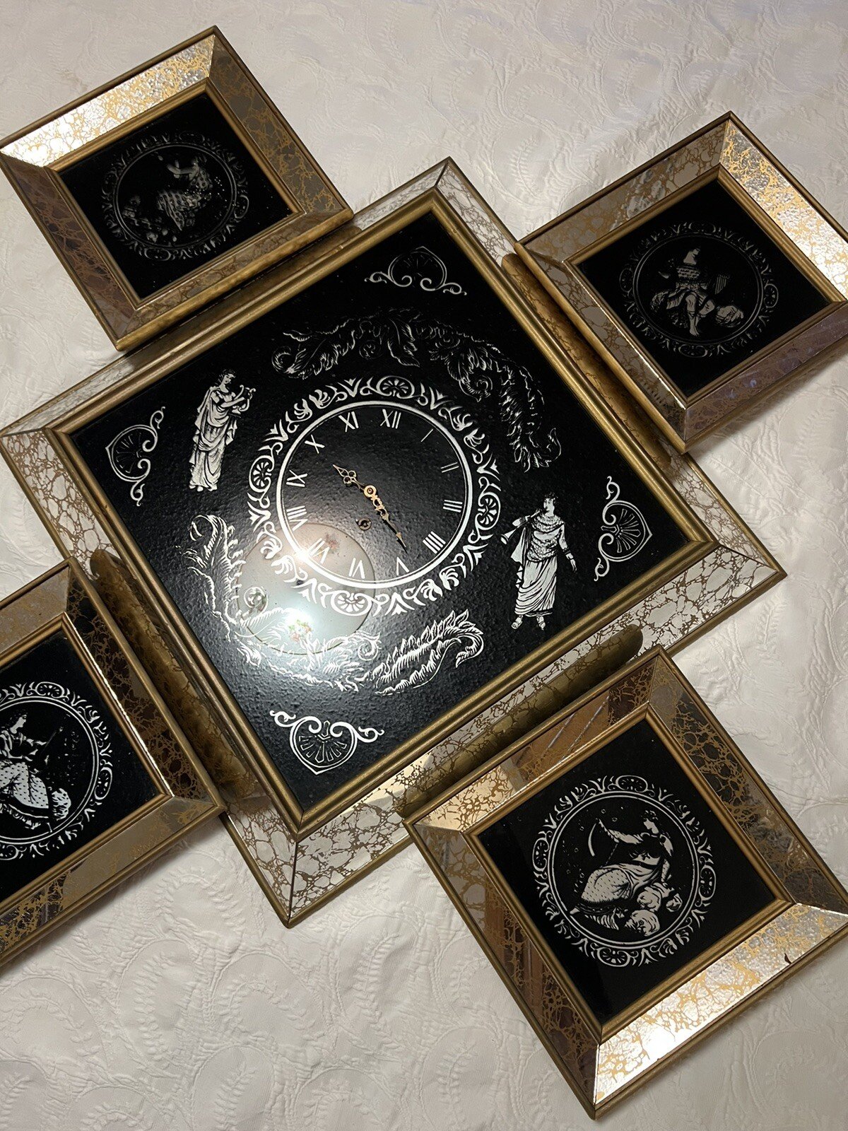 German Clock MCM Wall Set Five Piece Mid Century Mirrored Goddesses ￼