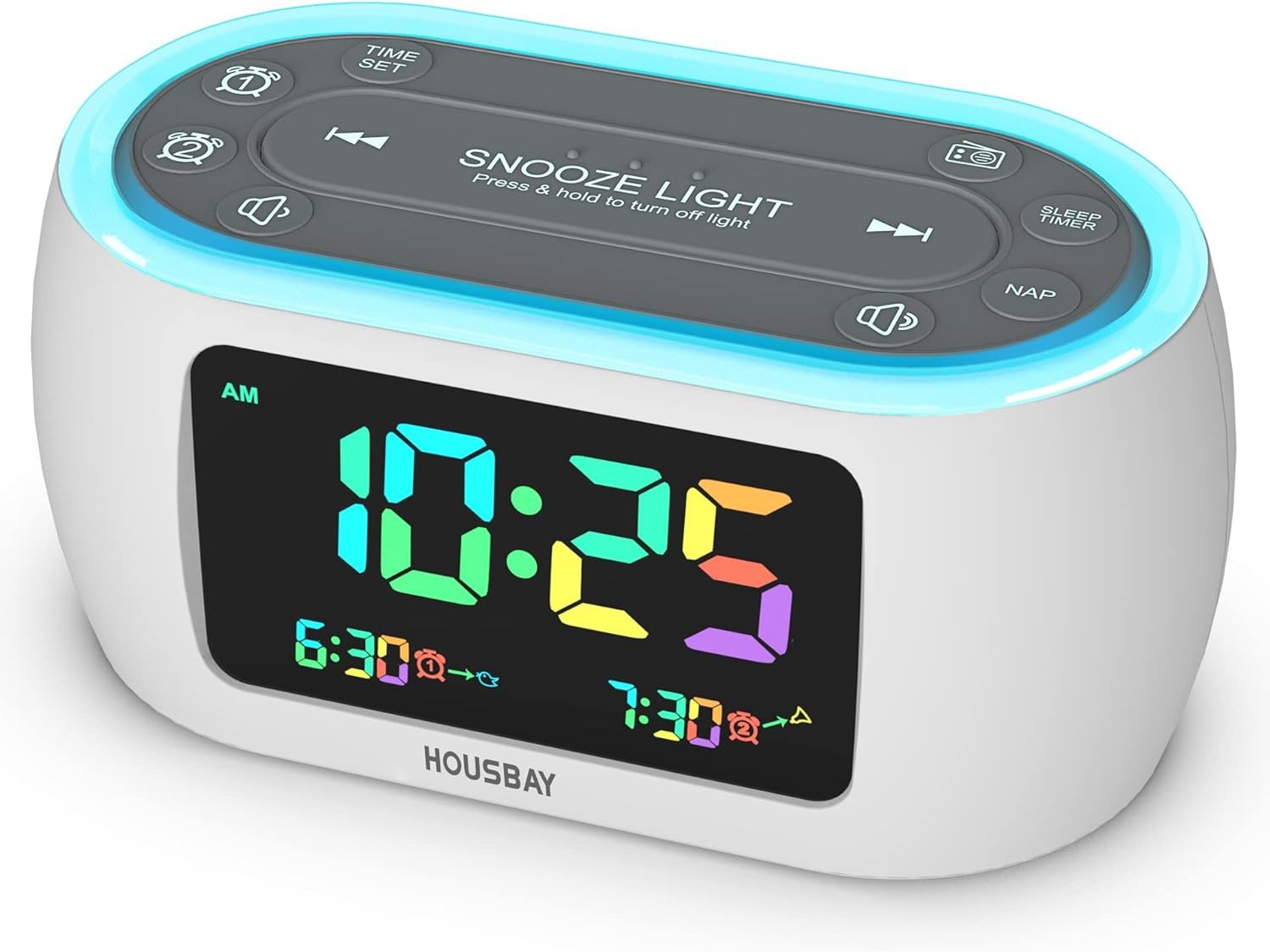 Glow Small Colorful Alarm Clock Radio with Rainbow Digit 7 Color Night Light wi