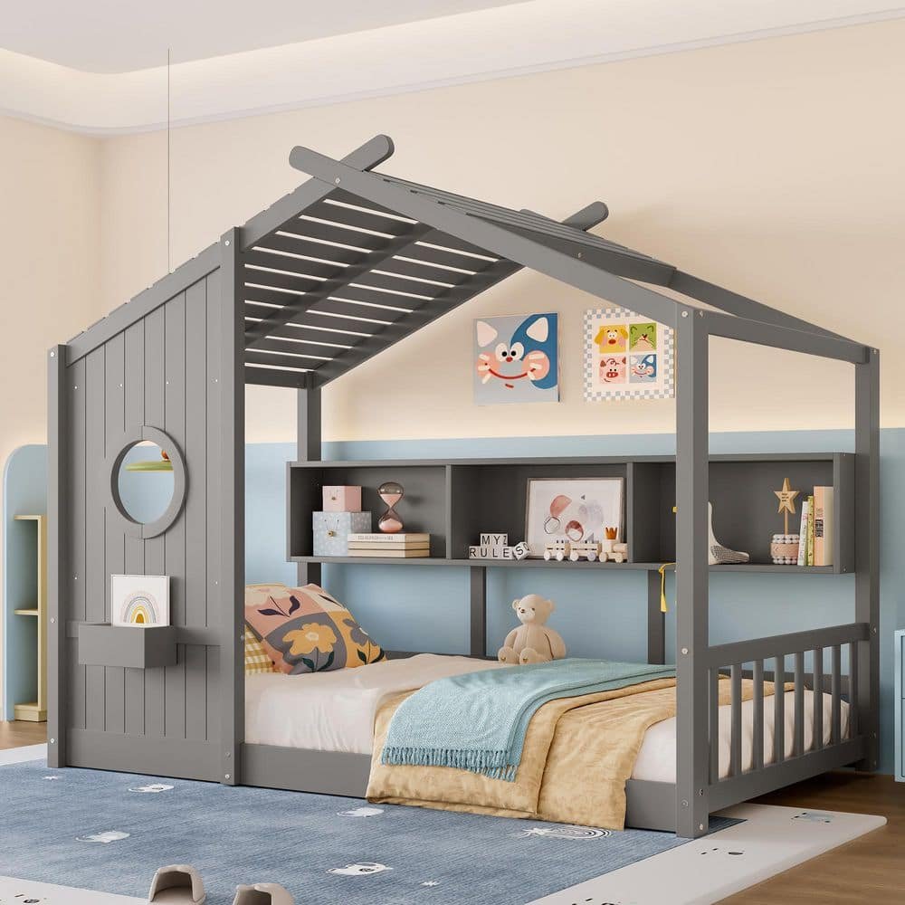 Gray Twin Size House-shaped Kids Montessori Bed, Floor Bed with Storage Shelf,...
