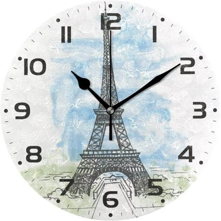 GZHJMY Paris Eiffel Tower Wall Clock, 10 Silent Non Ticking Round Clock, Oil Painting Easy to Read Clock for Living Room Bedroom Bathroom Home Decor Holiday Gifts