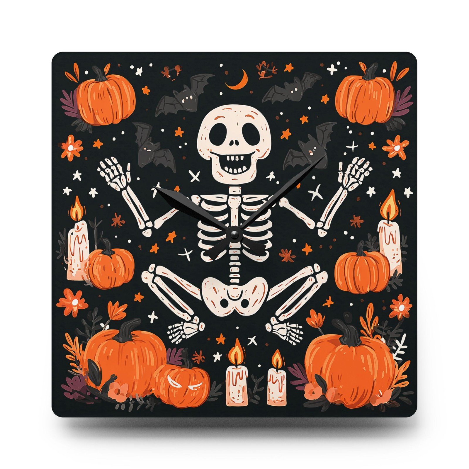 Halloween Skeleton Wall Clock Acrylic Round or Square Décor High-End Durable