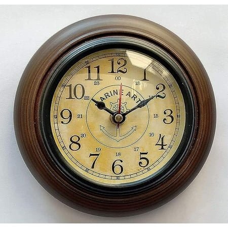 Handmade Wooden Wall Clock Vintage Look Marin Art Style Deep Glass Home & Office, Studio Decoration Gift (6 Inch Antique)