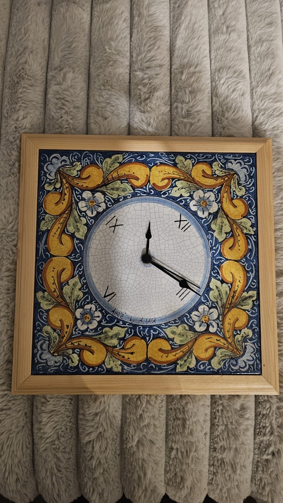 Hand Painted Tile Floral Free-Standing Clock on Wood Tested Possibly Italian