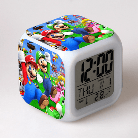 HANNTAOO Digital Alarm Clock for Kids, Cartoon Mario Pattern 7 LED Color Changing Wake Up Clock with Thermometer Function and Night Light, Gift for Boys Girls A93-208 HTNL#1071