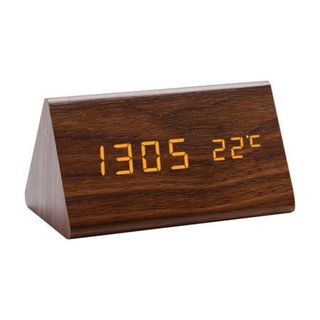 HBBKVI Alarm Clock, Wooden Triangular Digital Clock for Home Office, Adjustable Brightness Dual Alarm Digital Clock, Brown