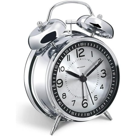 Heavy Sleeper Alarm Clock, Metal Twin Bell, Battery Operated, 4.5 Large Display, Silver, Quiet Loud Alarm for Bedroom Decor