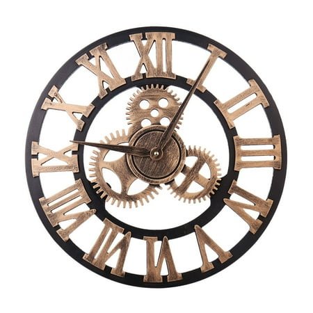 Himition 40cm 3D Gear Wooden Wall Clock Vintage Handmade Retro Roman Numerals Silent Sweep Non-ticking Decorative for Living Room Office Bar Home Decor Gift