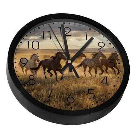 Horses Galloping on the Prairie Silent Wall Clock, Non Ticking Battery Operated 9.8 Inch Wall Clocks for Bedroom Kitchen Home Office School Art Decor