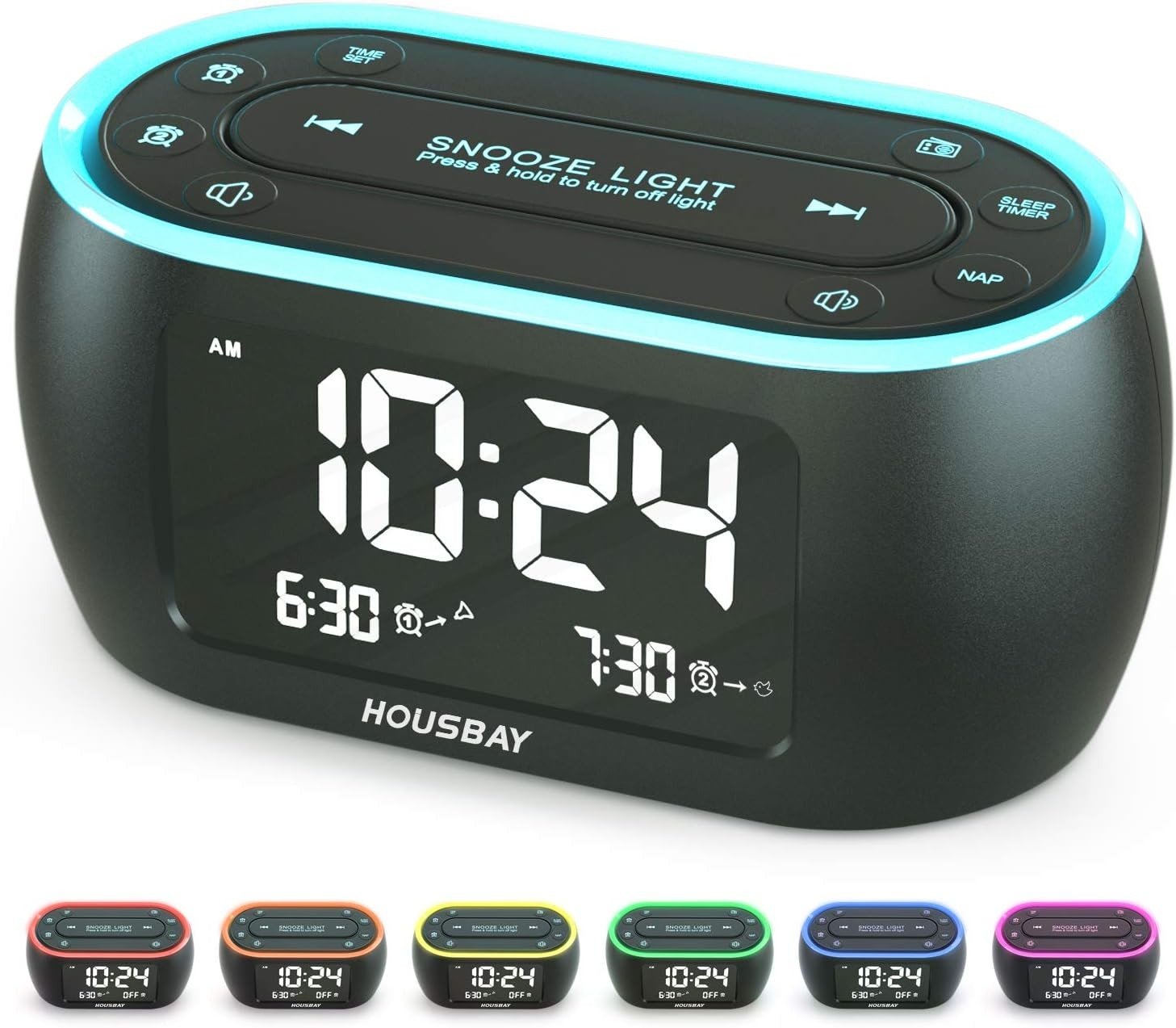HOUSBAY Glow Small Alarm Clock Radio for Bedrooms with 7 Color Night Black