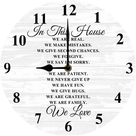 House Rules Wall Clock, In This House Wooden Clock, Inspirational Family Quote Wall Decor for Family Room, Housewarming Gift New Home Decorations 10x10 Silent Non Ticking Battery Operated