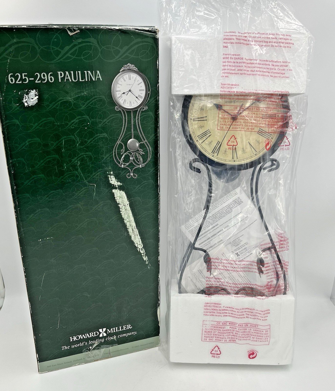 Howard Miller Paulina 625-296 Black Wall Clock Wrought Iron Leaves & Pendulum