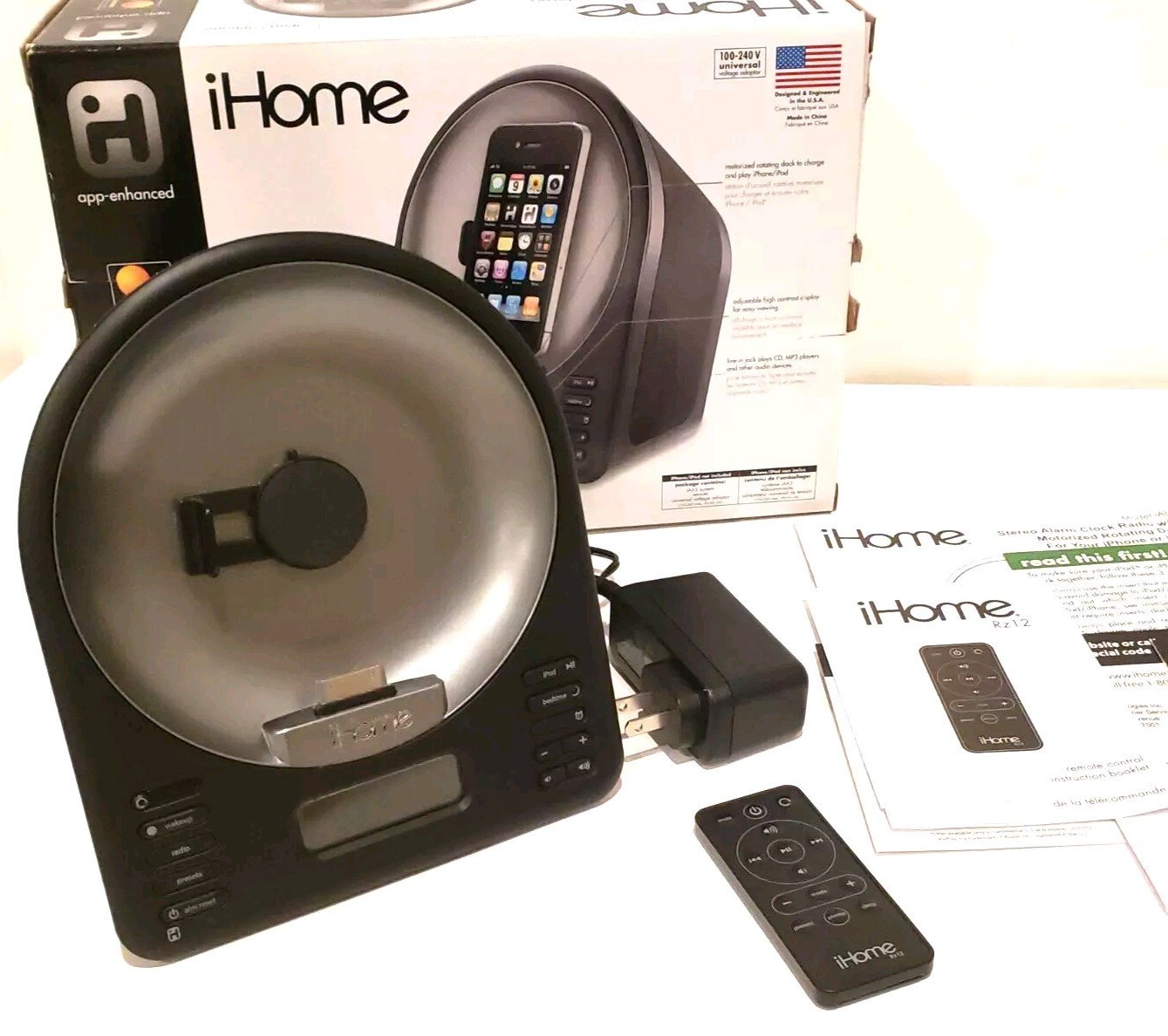 iHome iA63 Alarm Clock with Motorized Rotating Dock - in Box, w/Remote & Manual