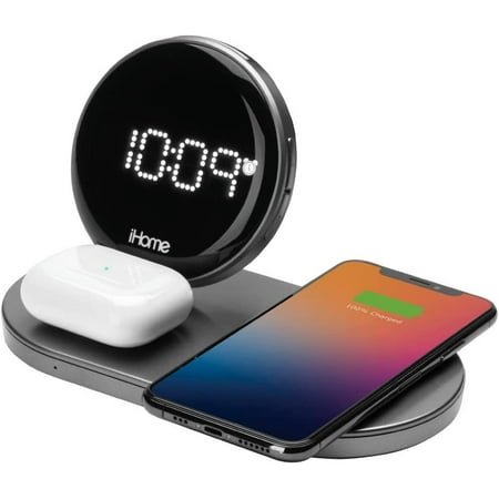 iHome POWERVALET Quad 4-in-1 Dual Wireless Fast Charging, Airpod Charging, Apple Watch Charging, and USB Charging Alarm Clock, 30W Total Power Output iWW33