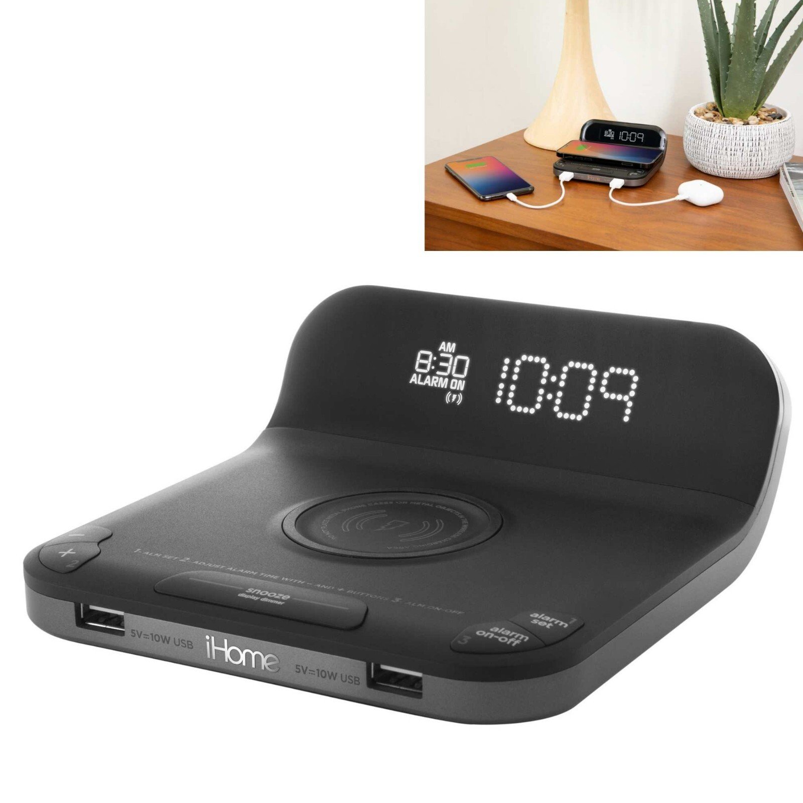 Ihome Pre-Set Clock Qi Wireless Charging, 2Usb And Single Day Alarm - all in one