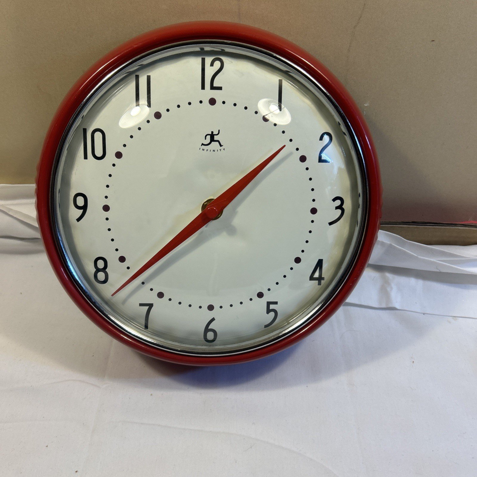 Infinity Red Retro 9.5” Metal Wall Clock Round Industrial Diner Tested & Working