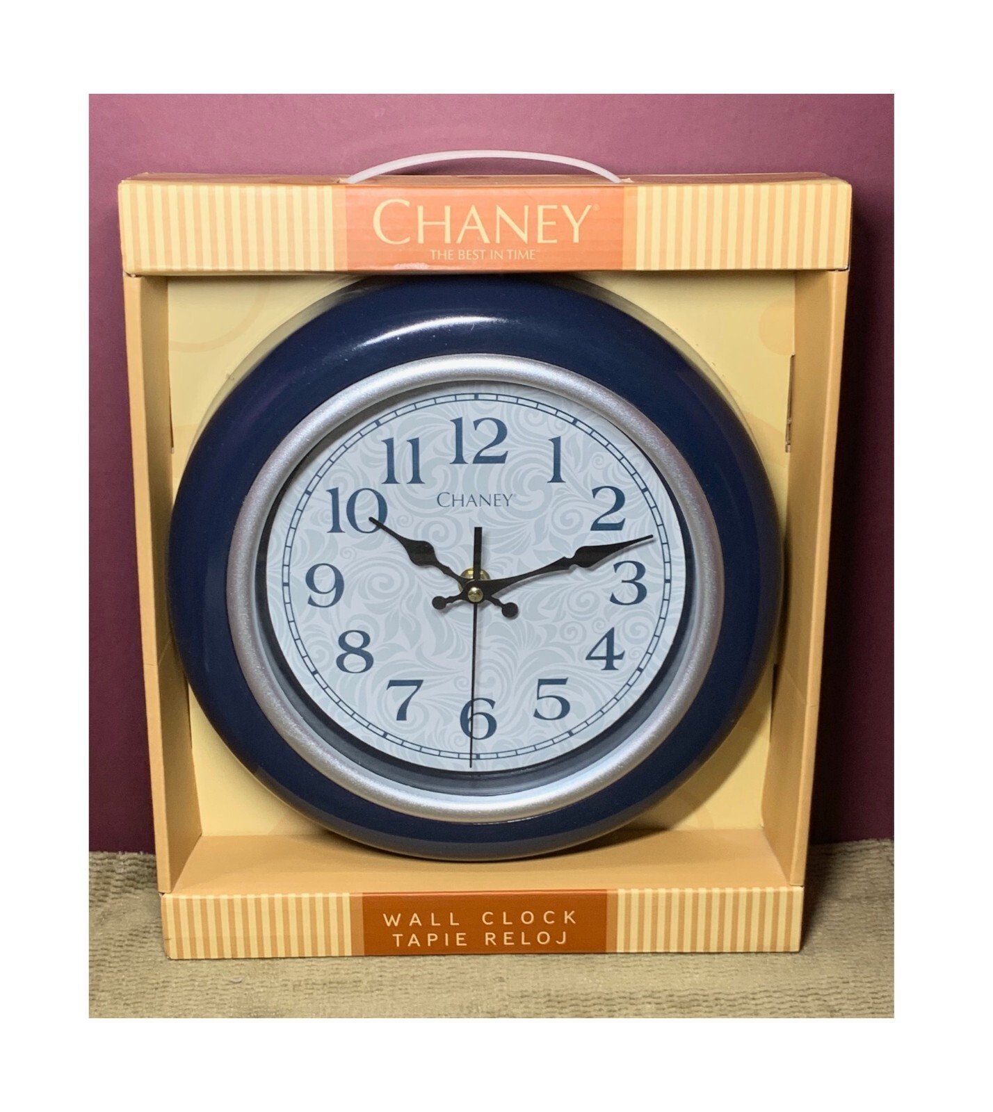 IN ORIGINAL BOX CHANEY DARK BLUE 9.5" BATTERY WALL CLOCK
