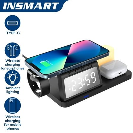 INSMART Digital Alarm Clock for iPhone,with Wireless Charging,Apple Watch Stand,USB Port,Dimmable LED Display,Bedside Digital Clock & Night Light for Bedroom,Desk,Home Black