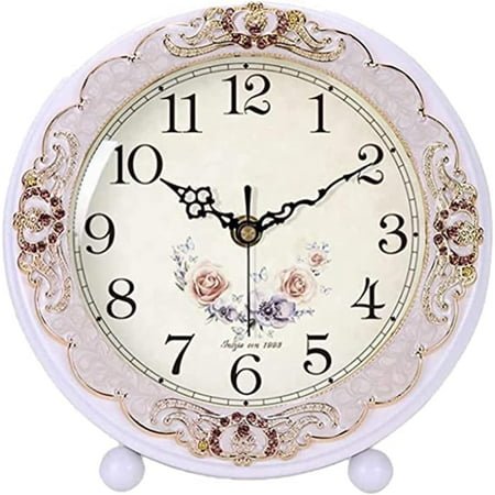 JUSTUP Vintage Table Clock, Iron European Style Desk Clock Battery Operated Non-Ticking Mantle Clock for Home Decor (Silver)