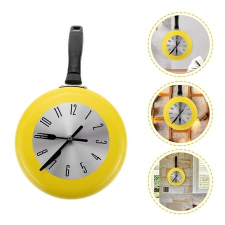 KALLORY 1 Set Vintage Wall Clock Yellow Frying Pan Shape Kitchen Wall Clock Easy Installation