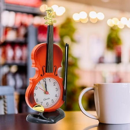 KALLORY Creative Simulation Violin Shape Alarm Clock Musical Instruments Modelling Desktop Clock Digital Clocks Home Office Decoration Red Brown