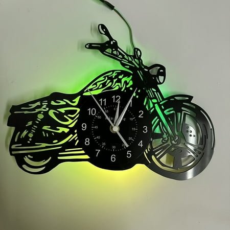 KingLive Vintage Motorcycle Vinyl Record Wall Clock,LED Lights,Silent Battery-Powered Decor for Home